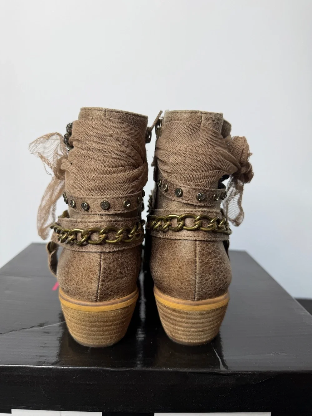 Not Rated Taupe Embellished Ankle Boots with Chain and Bow